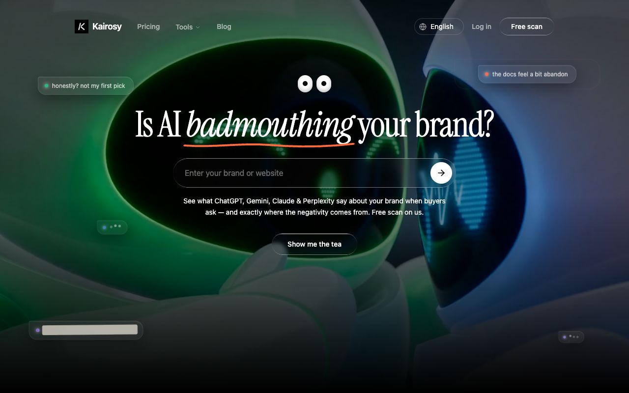 Kairosy homepage — run a free AI brand scan to check your LLM visibility