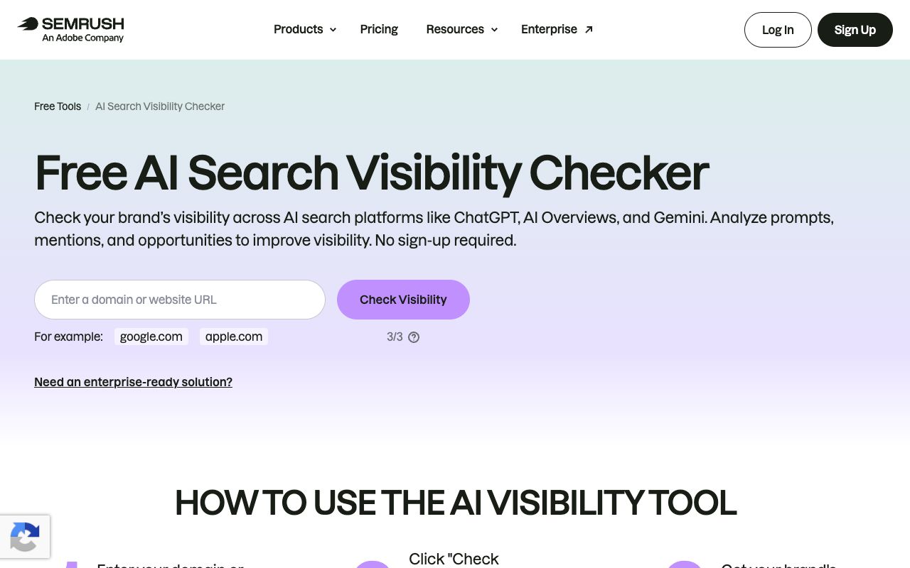 Semrush free AI Search Visibility Checker tool page