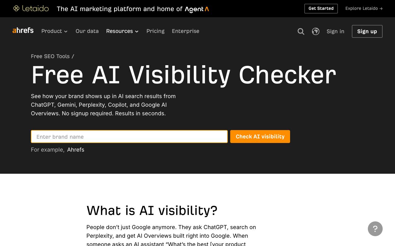 Ahrefs free AI Visibility Checker — see how your brand shows up in AI search