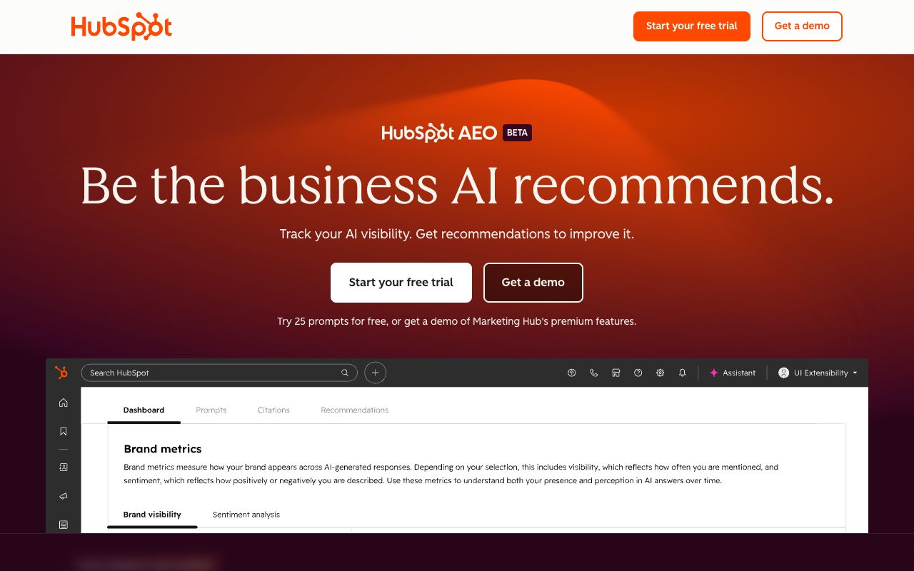 HubSpot AEO landing page — be the business AI recommends
