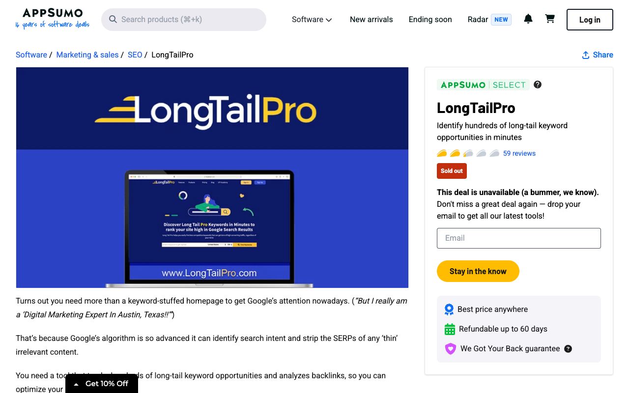 Long Tail Pro’s AppSumo listing marked Sold out — the lifetime deal is no longer available