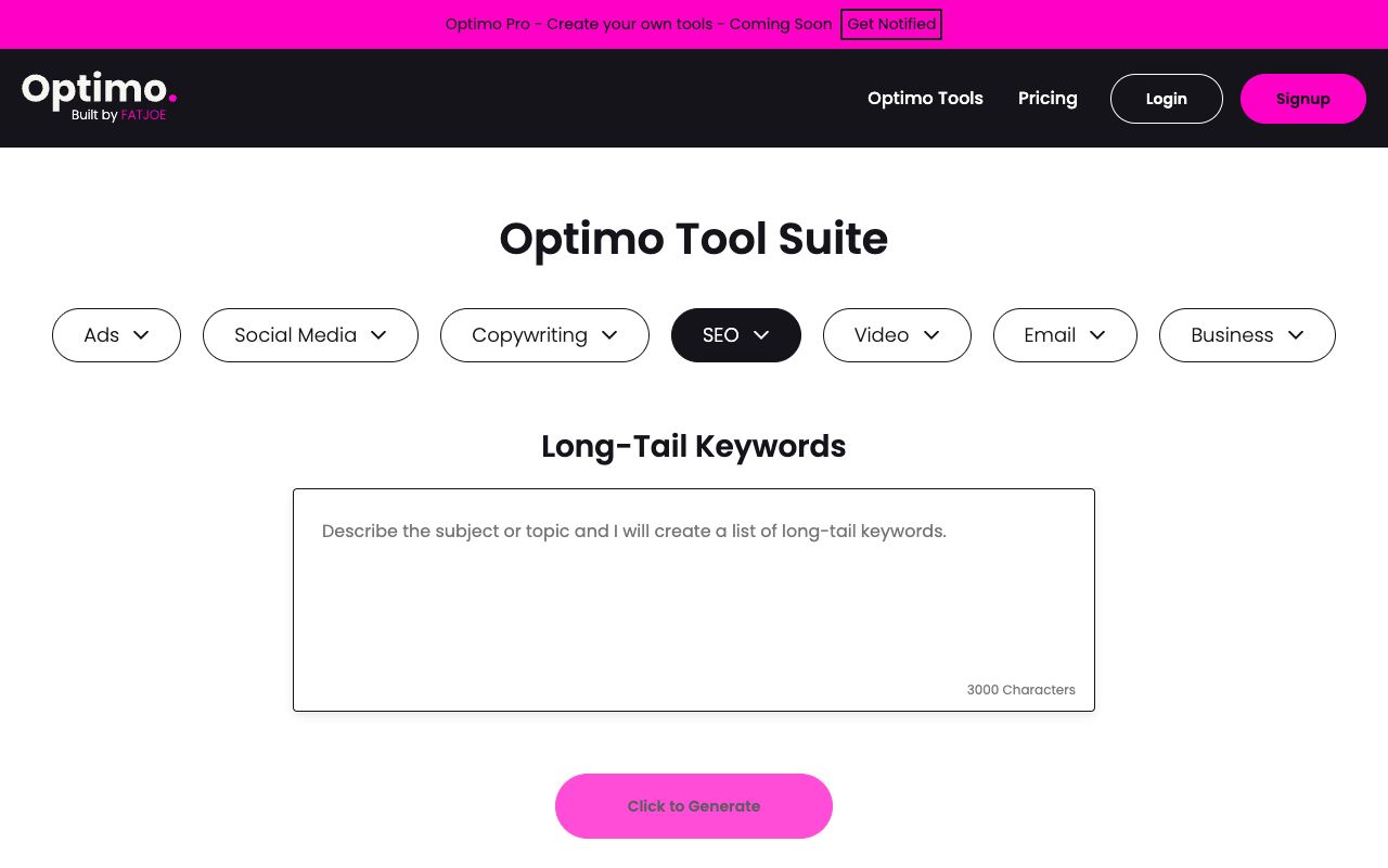 Ask Optimo’s free Long-Tail Keywords generator tool