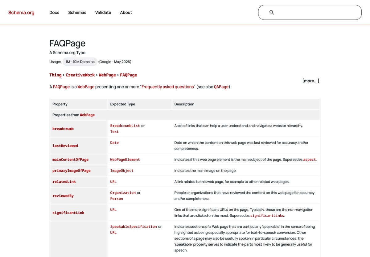 The schema.org FAQPage type definition page, showing the Thing → CreativeWork → WebPage → FAQPage hierarchy