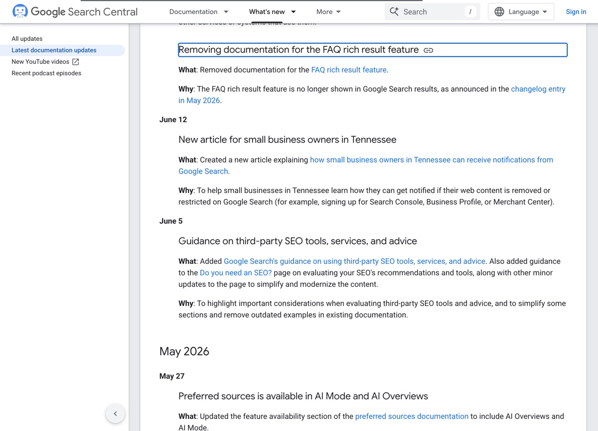 Google Search Central changelog entry removing the FAQ rich result documentation, announced May 2026