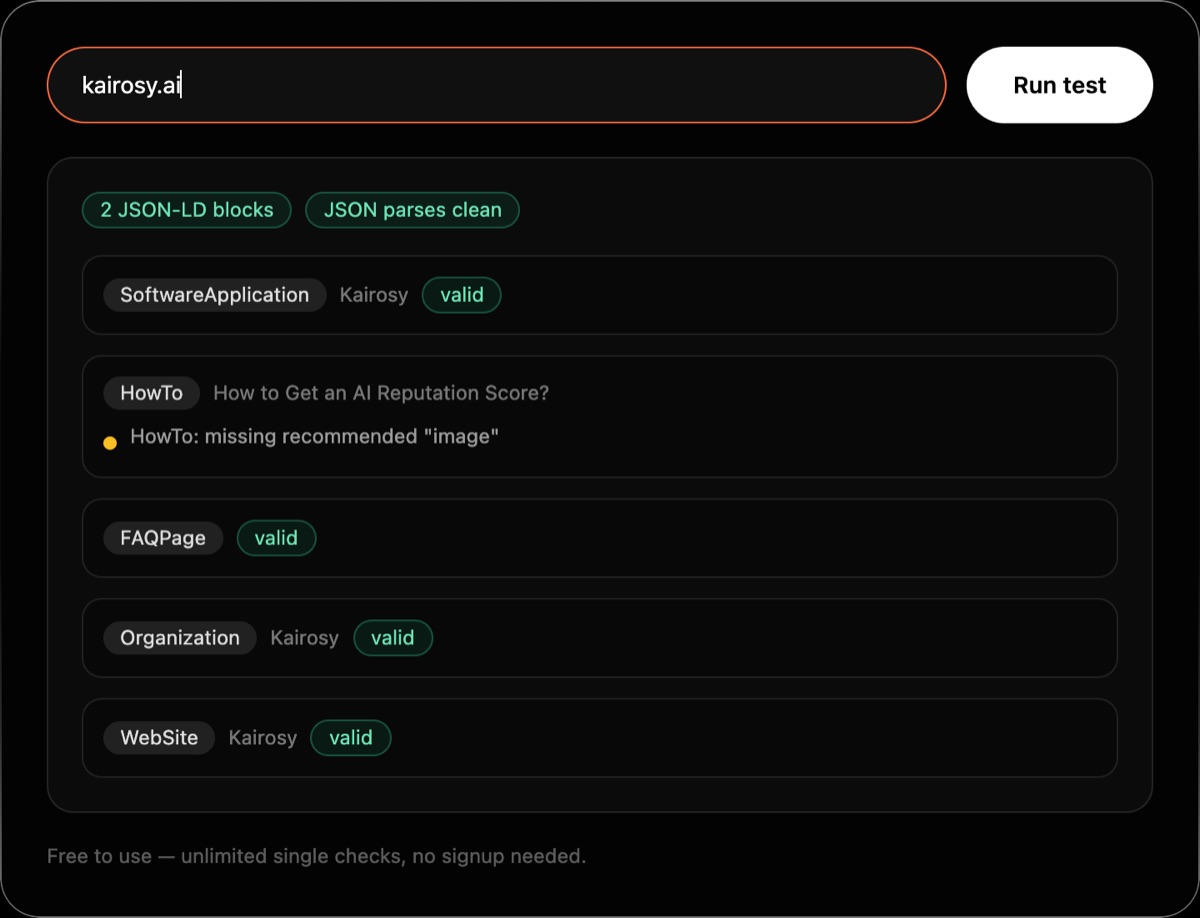 Kairosy Schema Markup Checker run on a live site, detecting two JSON-LD blocks including a valid FAQPage
