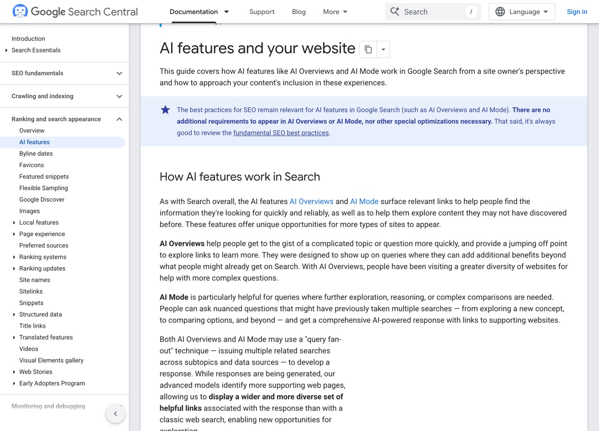 Google Search Central's official guidance page on appearing in AI features like AI Overviews and AI Mode