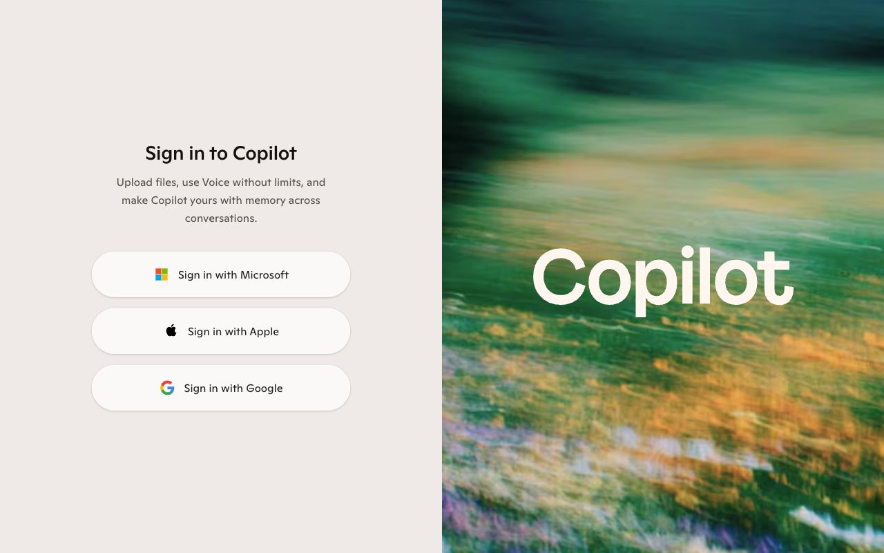 Microsoft Copilot's sign-in screen at copilot.microsoft.com