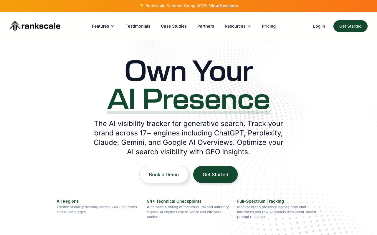 Rankscale's homepage — 'Own your AI presence', tracking 17+ engines including Copilot