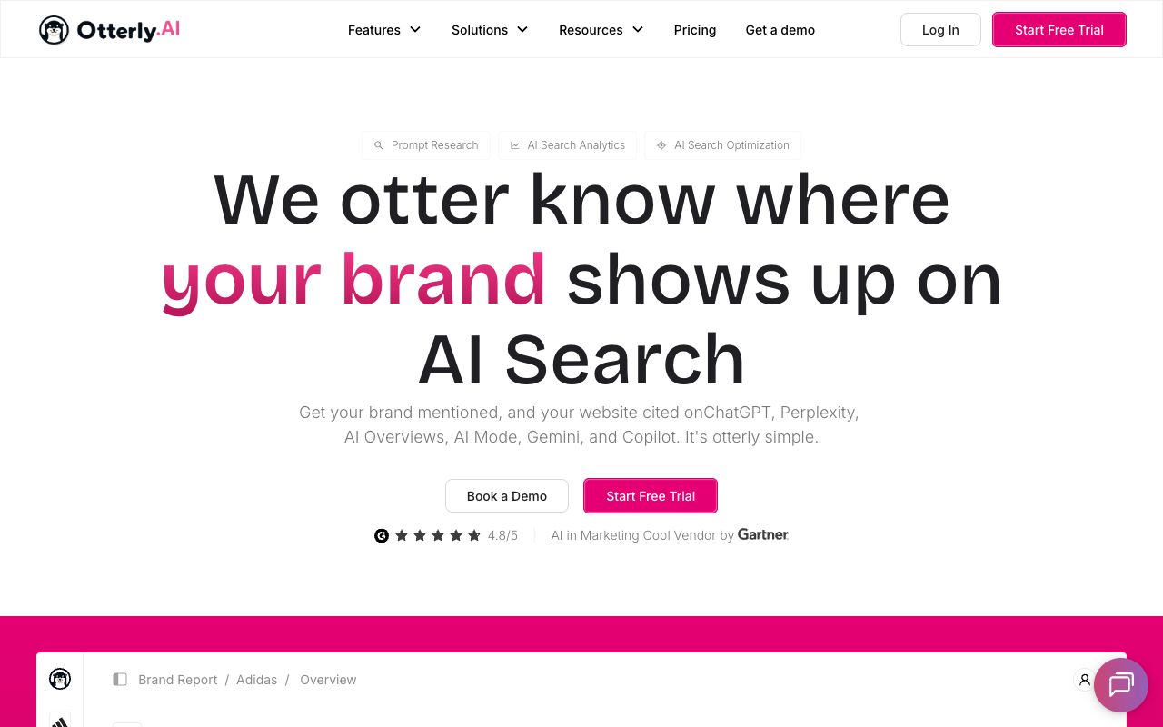 Otterly.ai homepage — brand tracking across ChatGPT, Perplexity, AI Overviews and Copilot