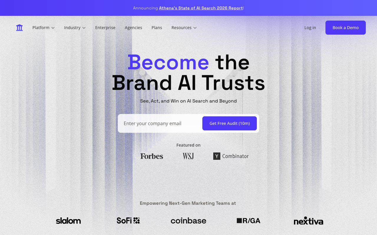 AthenaHQ homepage — 'Become the brand AI trusts'