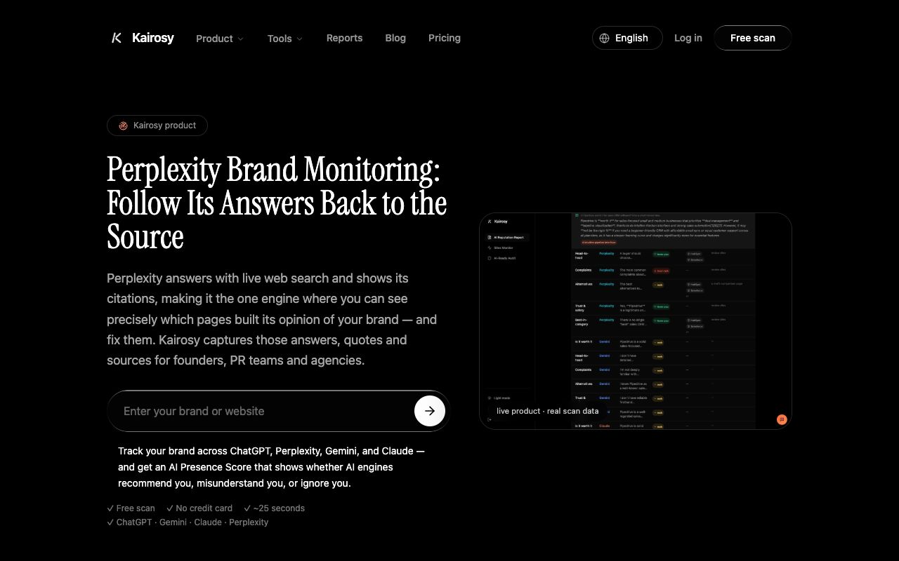 Kairosy's Perplexity brand monitoring page — following Perplexity answers back to their sources
