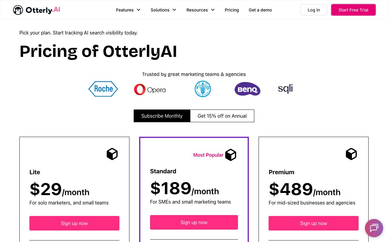 Otterly.ai pricing: Lite $29, Standard $189, Premium $489 per month