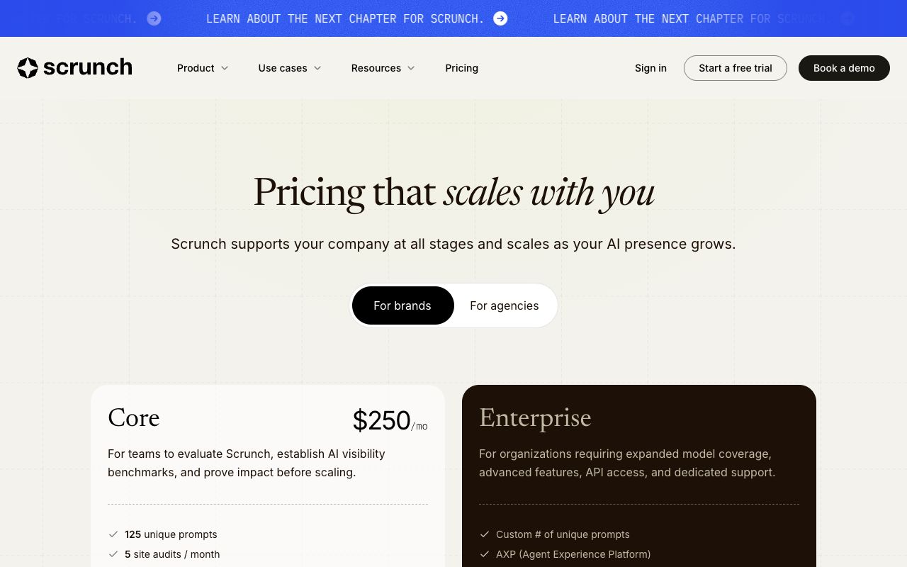 Scrunch AI pricing page — Core at $250/month, enterprise tiers above