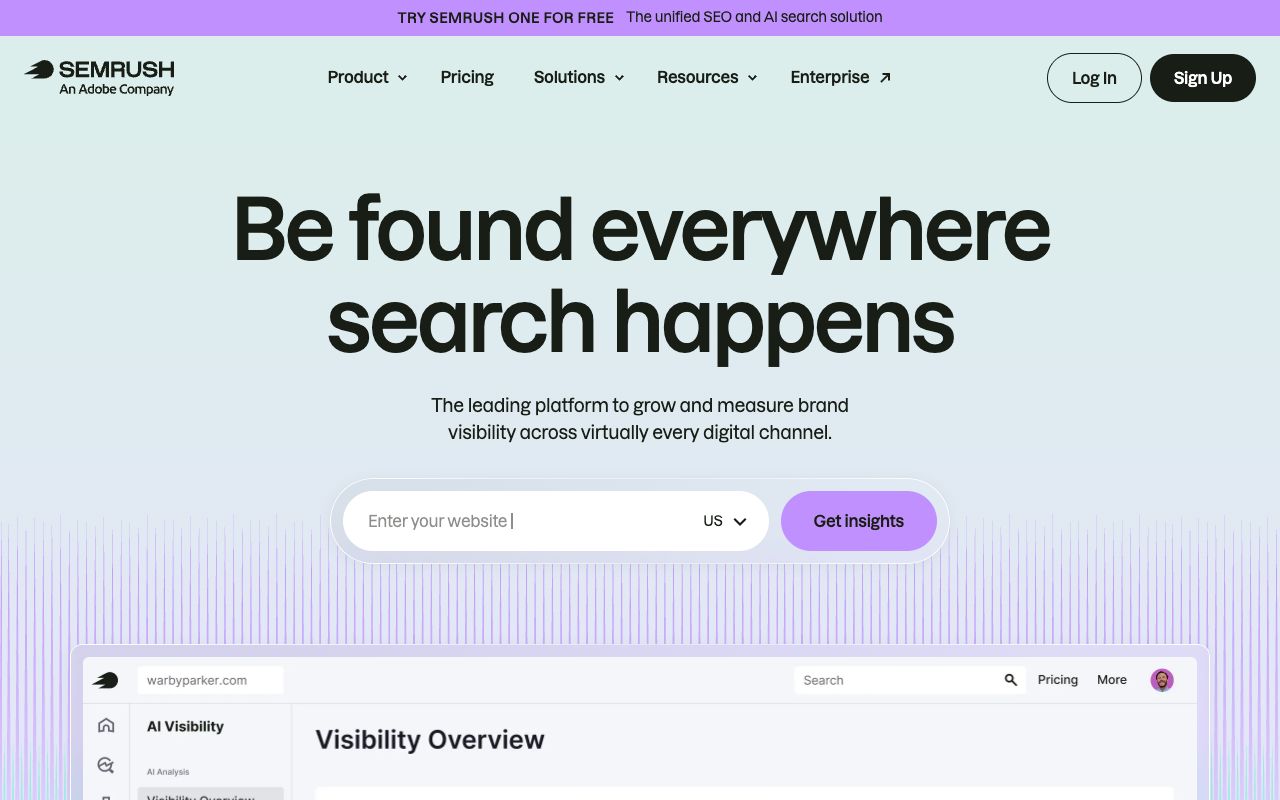 Semrush homepage — 'Be found everywhere search happens', AI visibility overview below