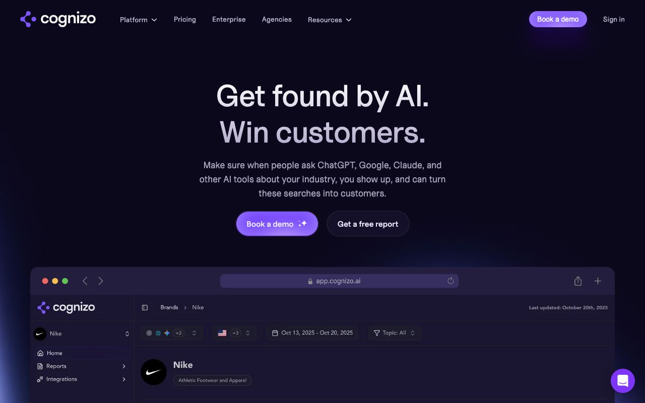 Cognizo homepage — 'Get found by AI', tracking plus a content studio