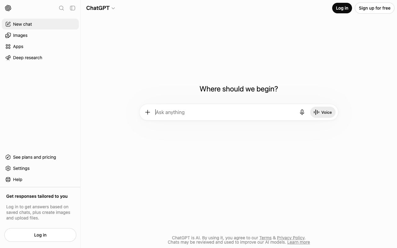 ChatGPT's logged-out interface — where buyer questions about your brand get asked