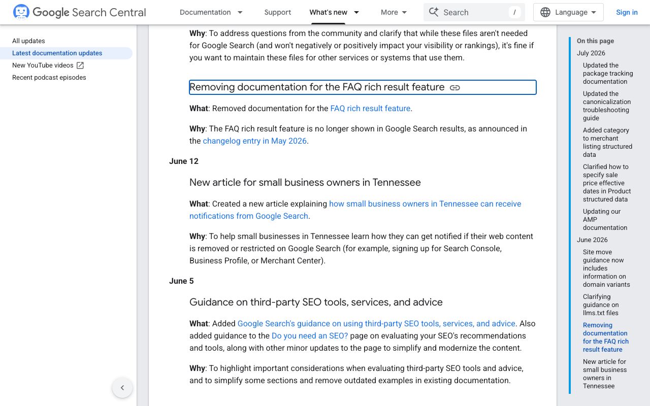 Google Search Central changelog: removing documentation for the FAQ rich result feature