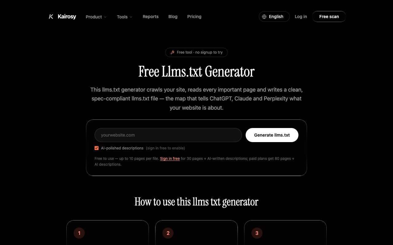 Kairosy's free llms.txt generator — a curated site map for AI crawlers