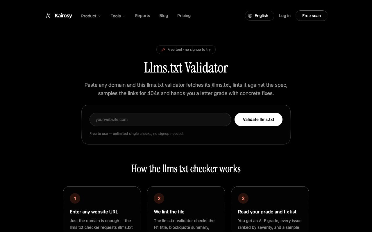 Kairosy's free llms.txt validator — the technical AI-readiness layer