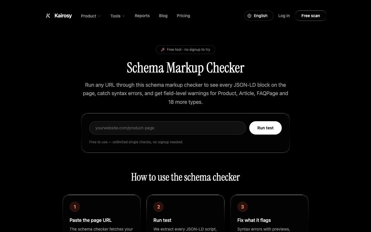 Kairosy's free Schema Markup Checker — confirm your structured data parses