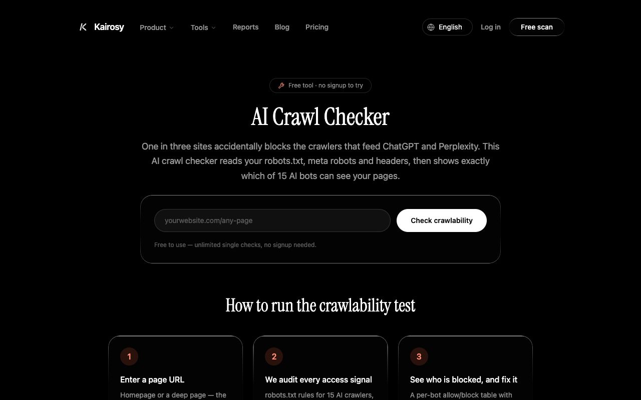 Kairosy's free AI Crawl Checker — can agents fetch your pages?