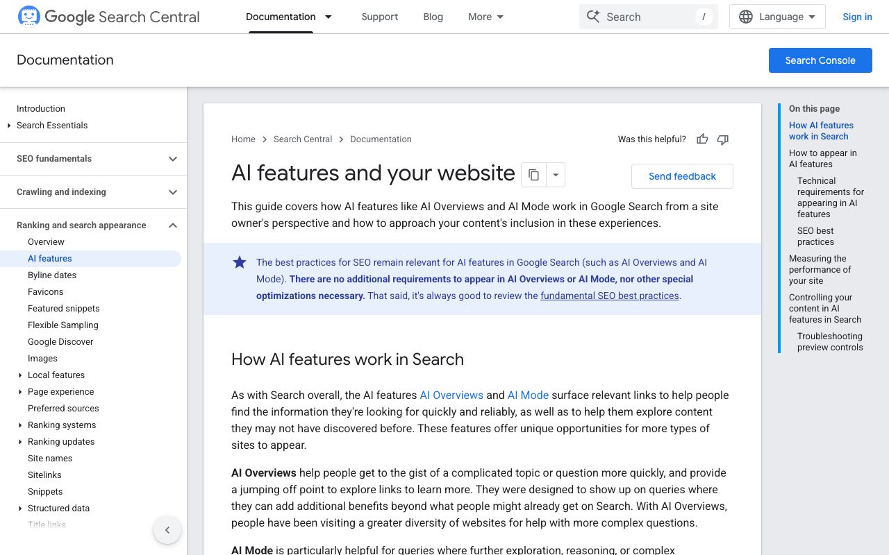 Google's AI-features documentation — eligibility rides on standard crawlable content