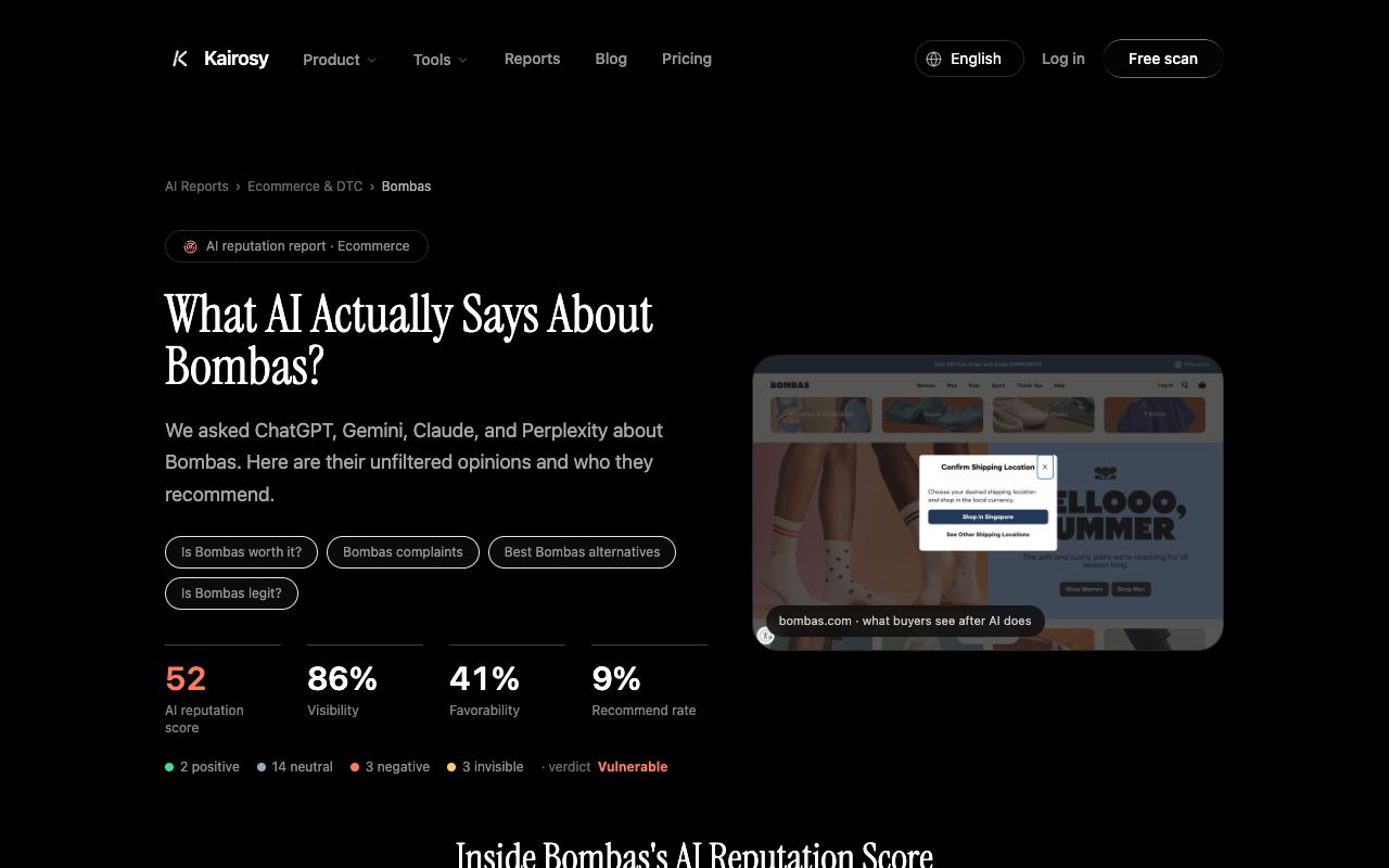 Bombas' public AI reputation report — sentiment and sources on a real brand
