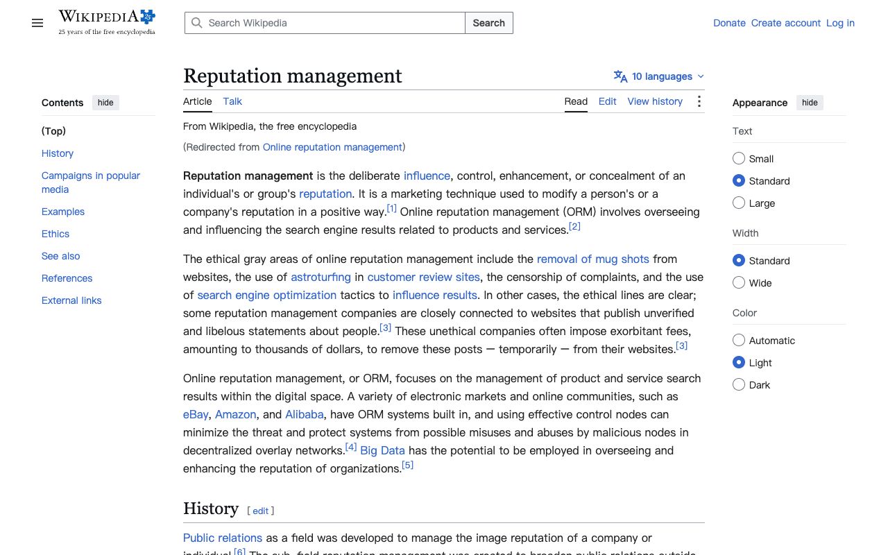 Classic online reputation management, as defined on Wikipedia