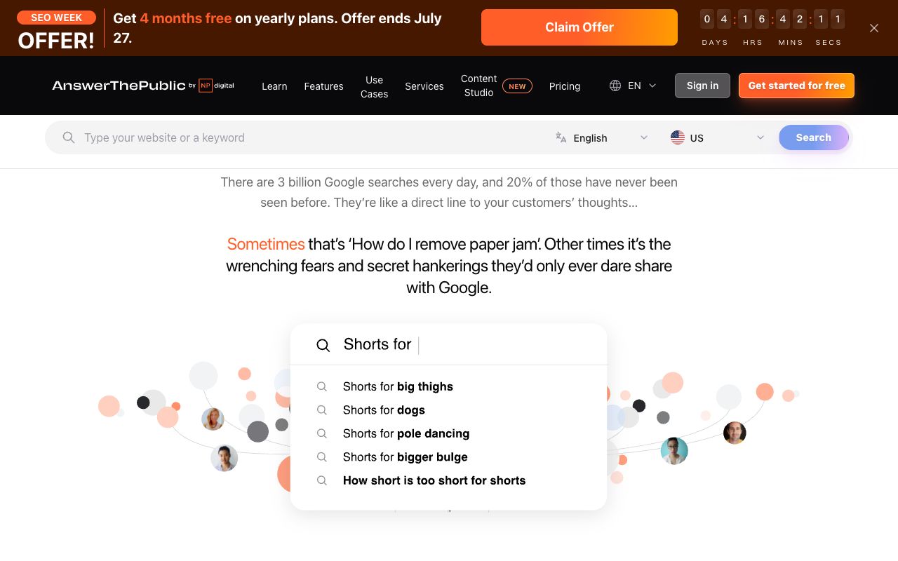 Answer the Public search insights page showing autocomplete question mining
