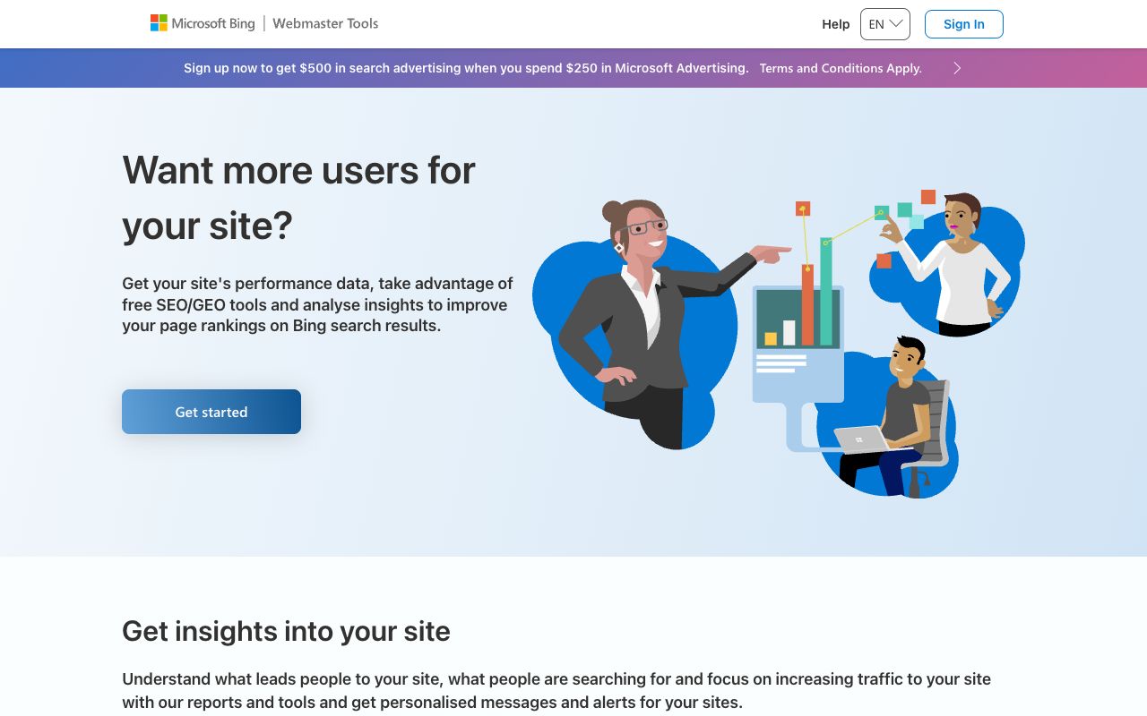 Bing Webmaster Tools homepage — free backlink checking alternative to Ahrefs