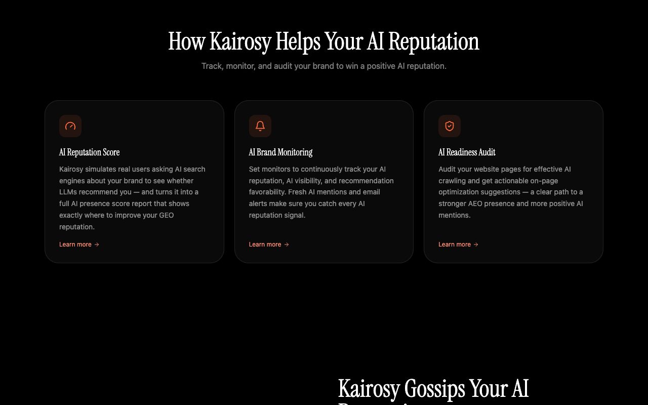 Kairosy features: AI reputation score, AI brand monitoring and AI readiness audit