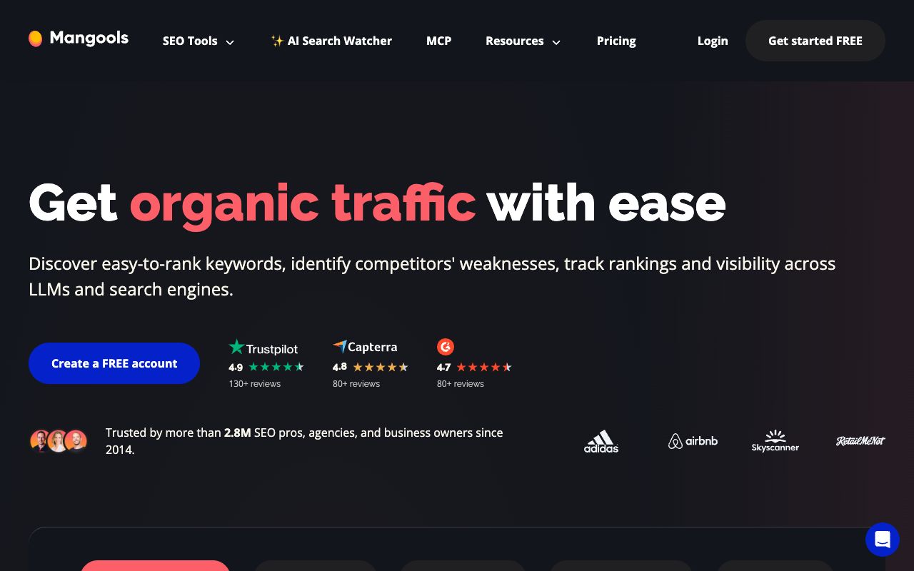 Mangools homepage with Trustpilot, Capterra and G2 ratings