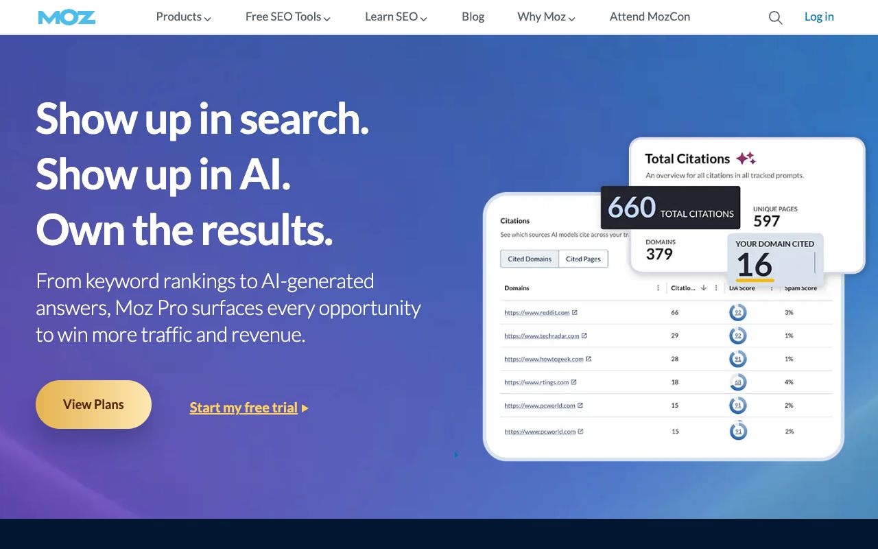 Moz Pro homepage showing Domain Authority and AI citation tracking
