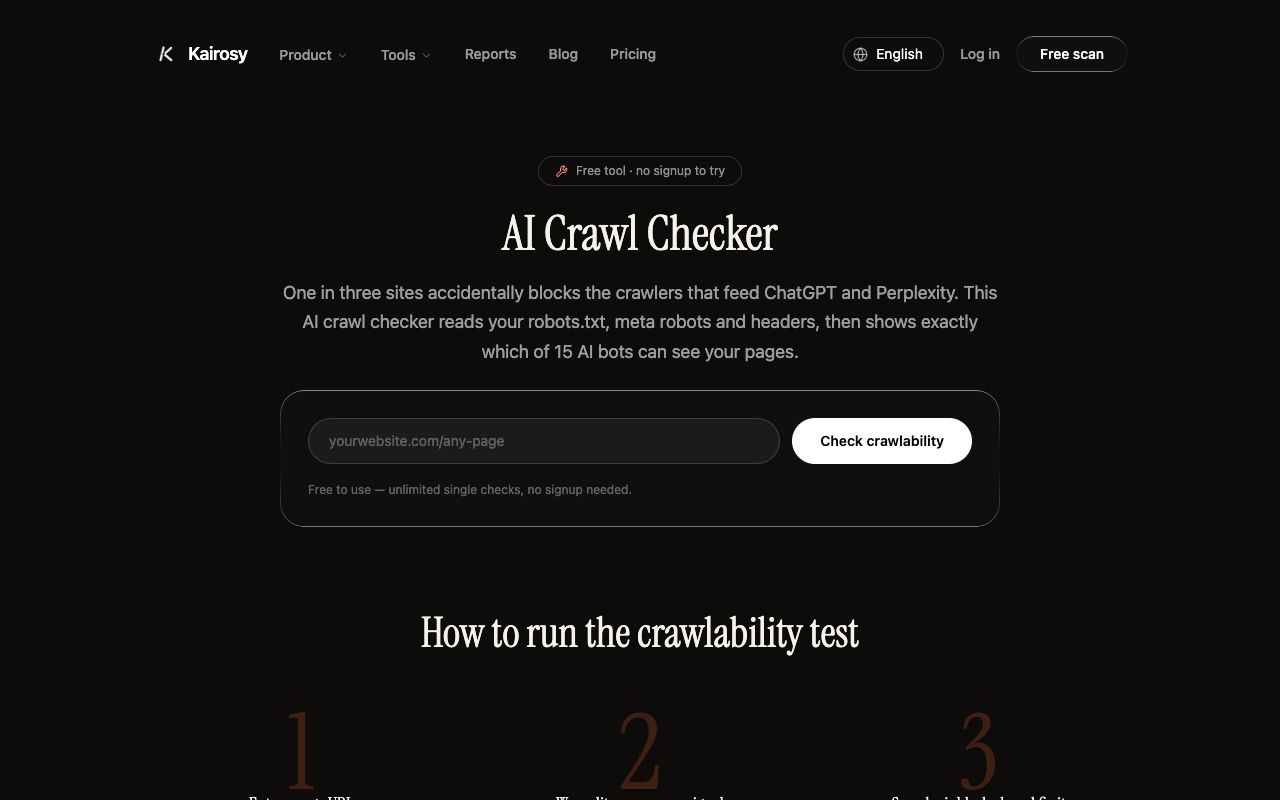 Kairosy AI Crawl Checker testing whether AI bots can read a site