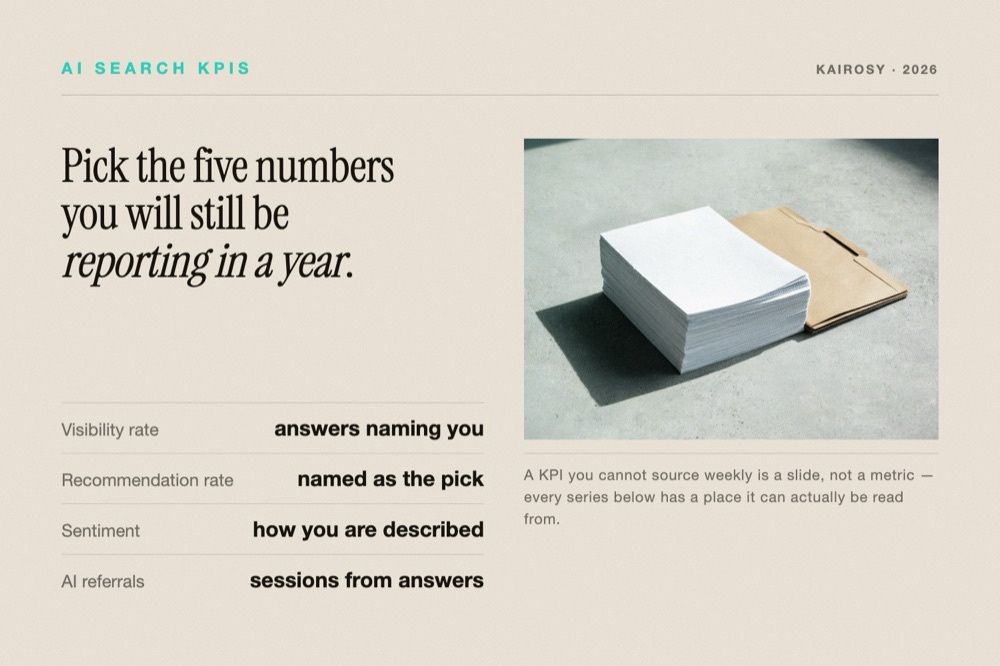 A stack of printed reports beside a ruled table of the AI search visibility KPIs worth tracking