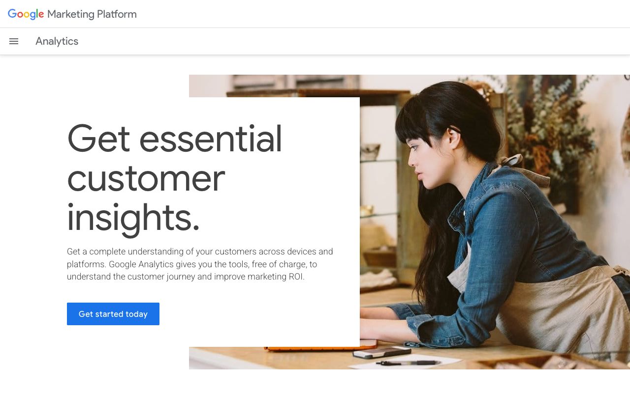 Google Analytics marketing page showing the free GA4 tier used for AI referral KPI tracking