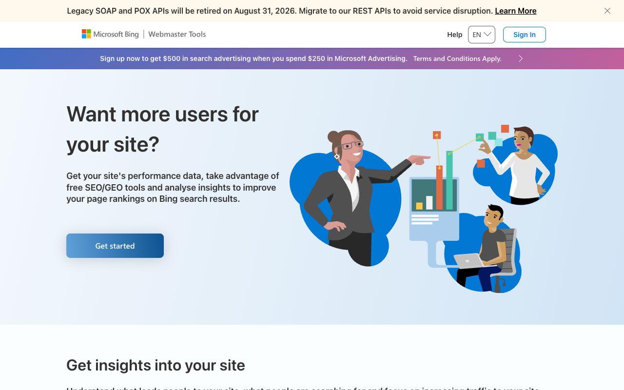 Bing Webmaster Tools page — home of the free AI Performance citation report for Copilot