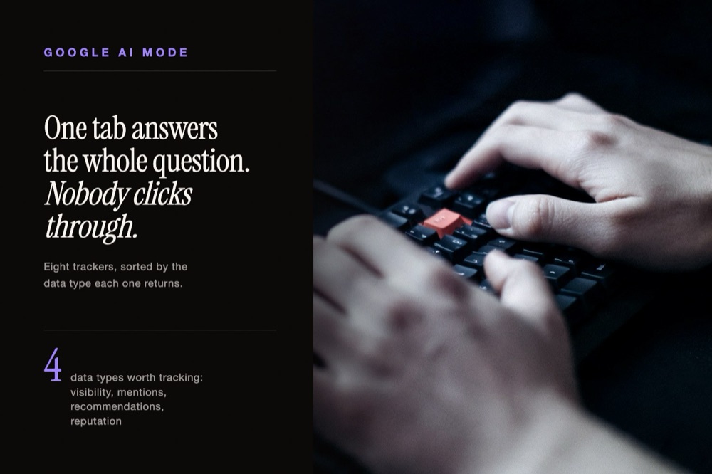 Hands on a keyboard in low light beside the question of who is tracking Google AI Mode answers