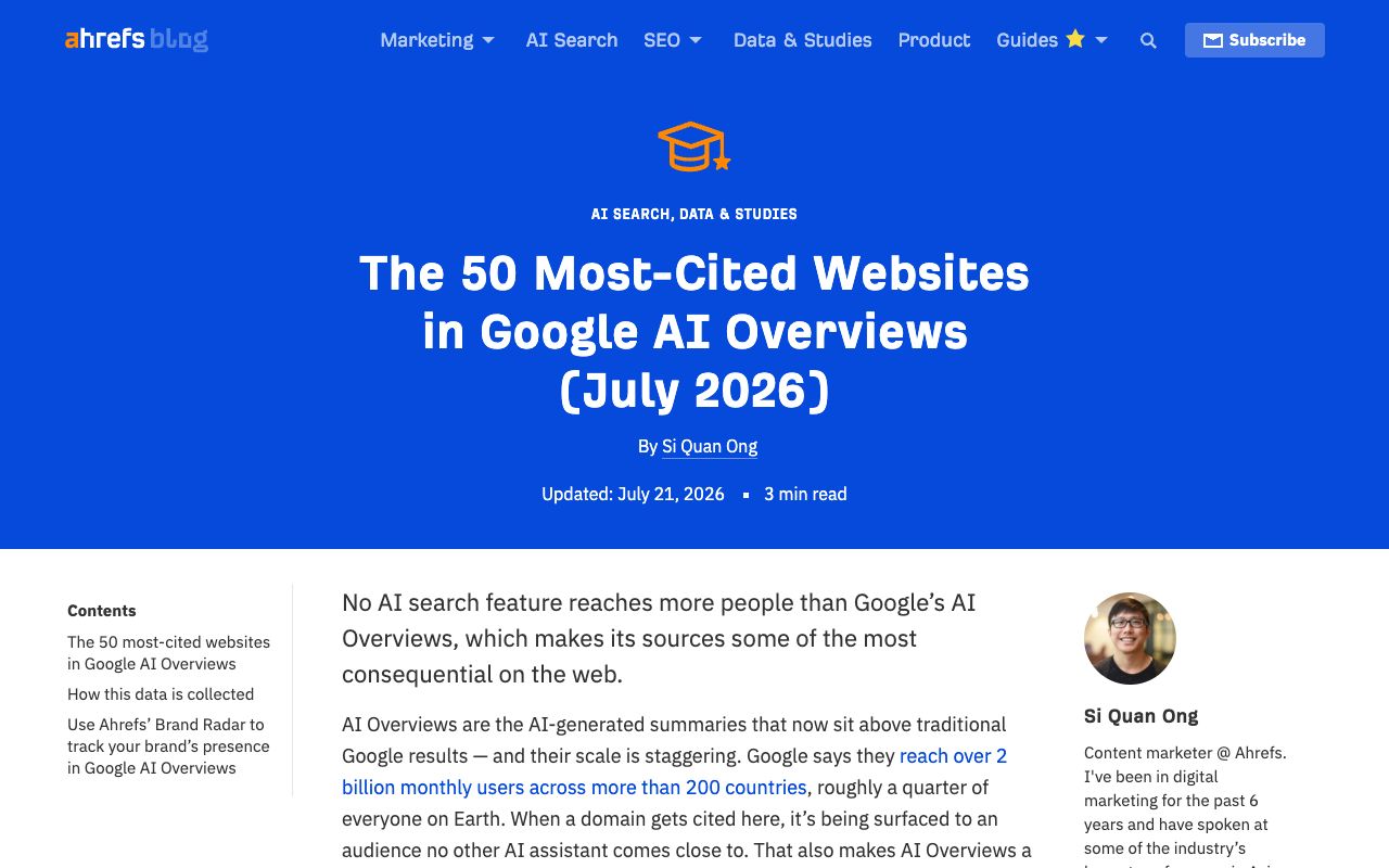 Ahrefs study page ranking the most cited domains in AI Overviews as of July 2026