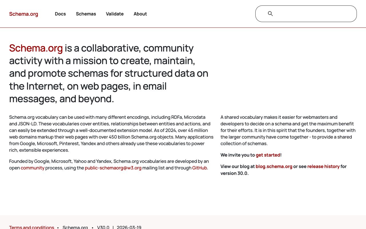 Schema.org homepage, the vocabulary used to structure content for AI extraction