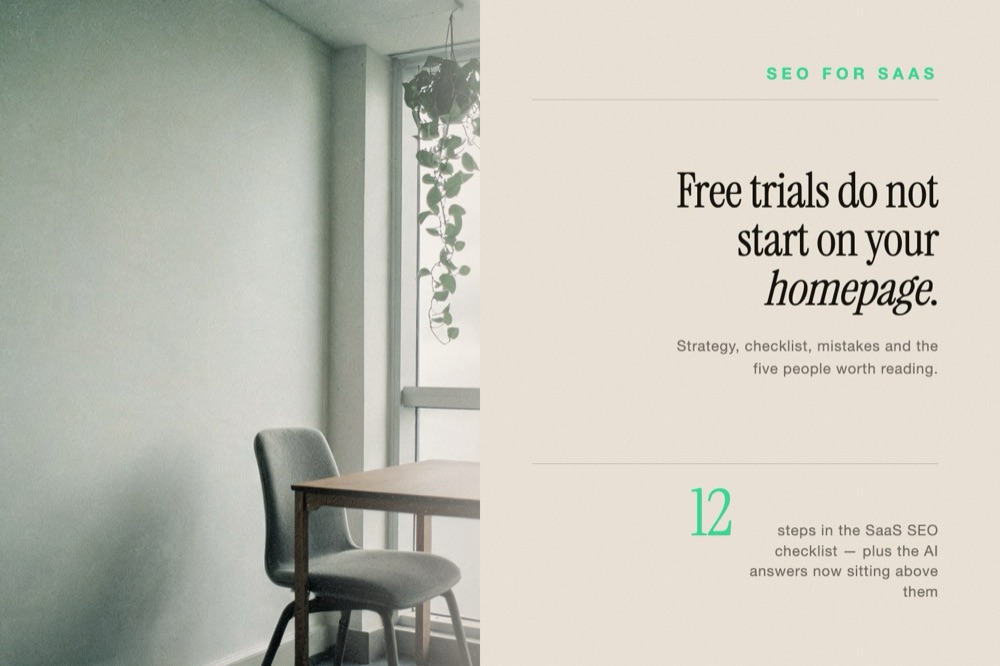 An empty table by a bright window beside the headline on how SaaS SEO compounds into pipeline