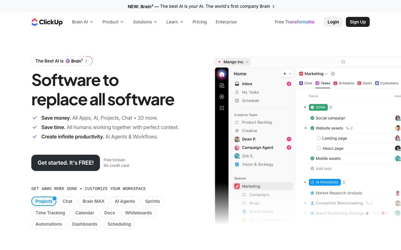 ClickUp homepage — a SaaS brand whose AI recommendation rate trails its AI visibility
