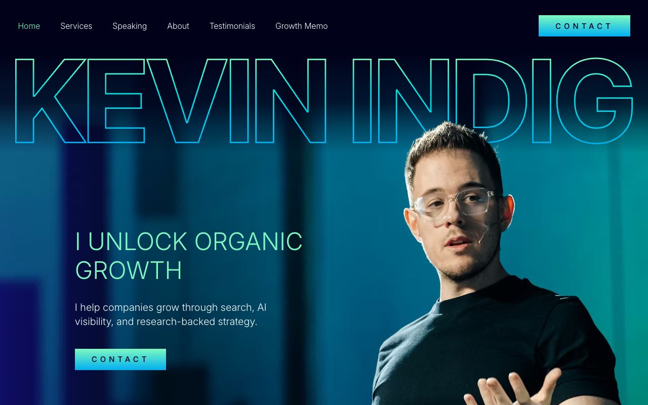 Kevin Indig's website home page featuring the Growth Memo newsletter for SaaS growth and SEO