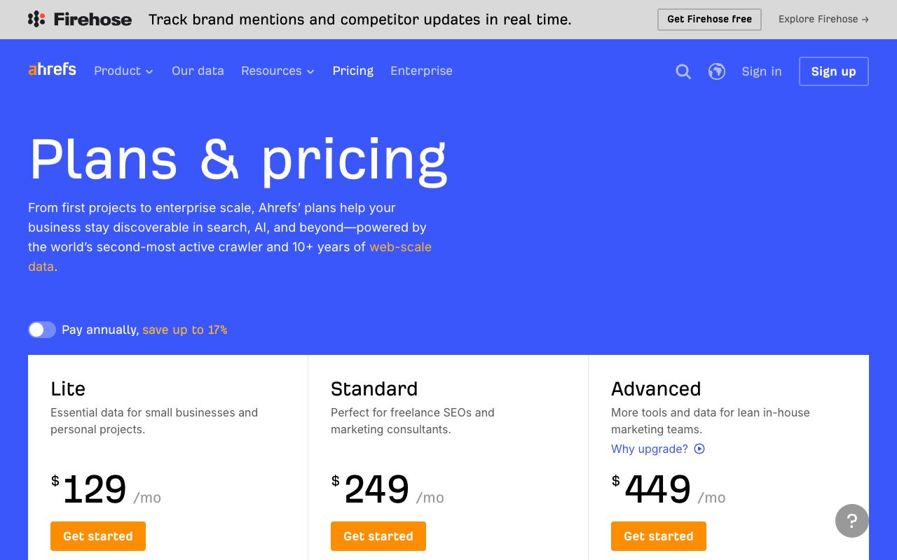 Ahrefs pricing page showing Starter and Lite plans used by SaaS SEO teams