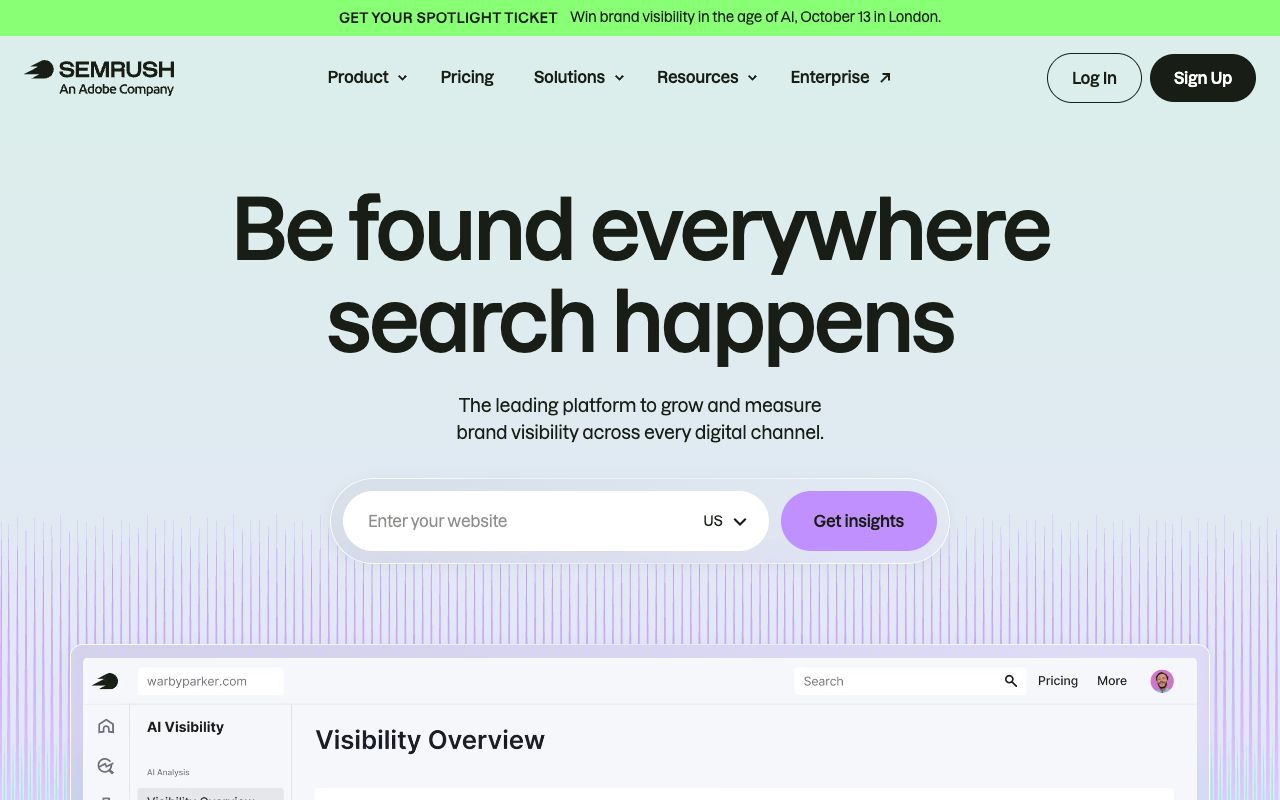 Semrush homepage, an all-in-one platform used in SaaS SEO strategy work