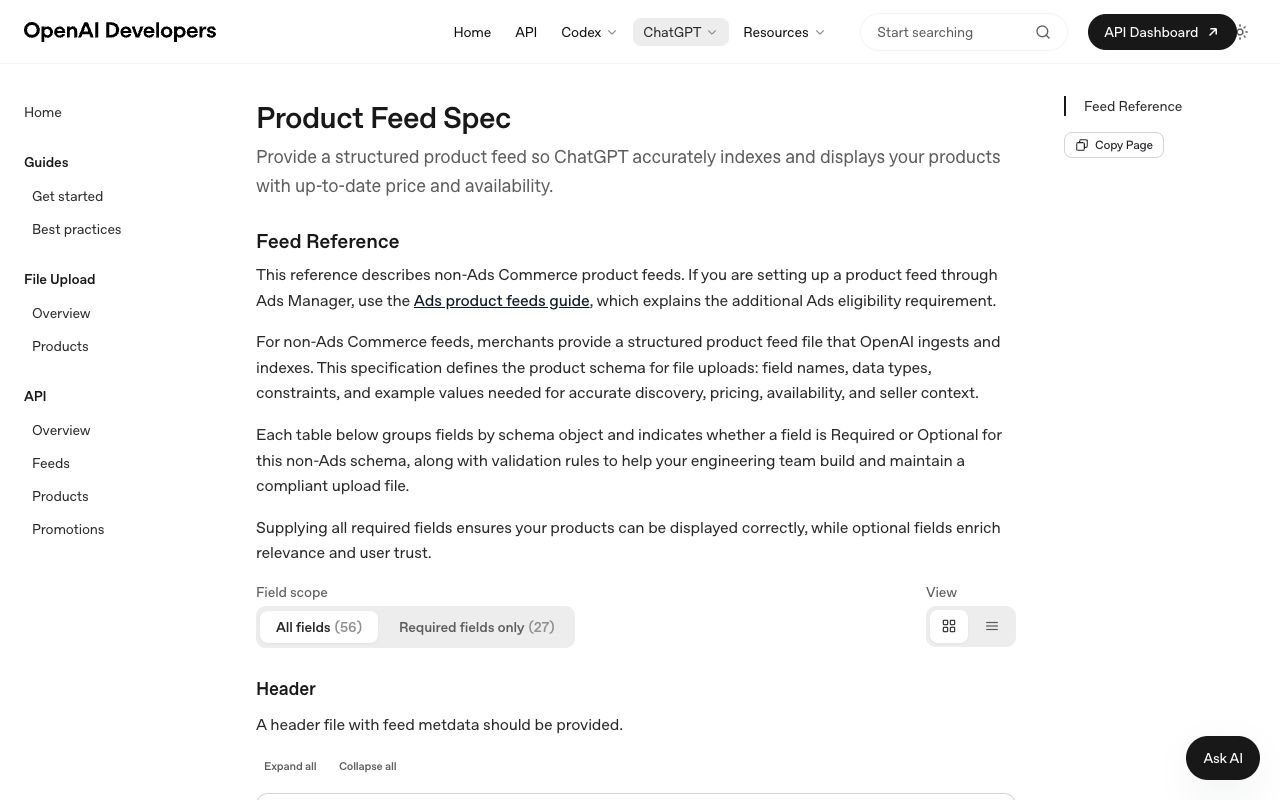 OpenAI product feed specification listing catalog fields ChatGPT ingests