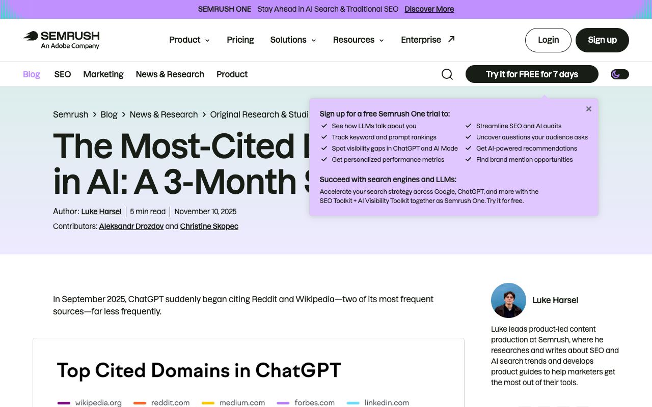 Semrush study of the most-cited domains across ChatGPT, Google AI Mode and Perplexity