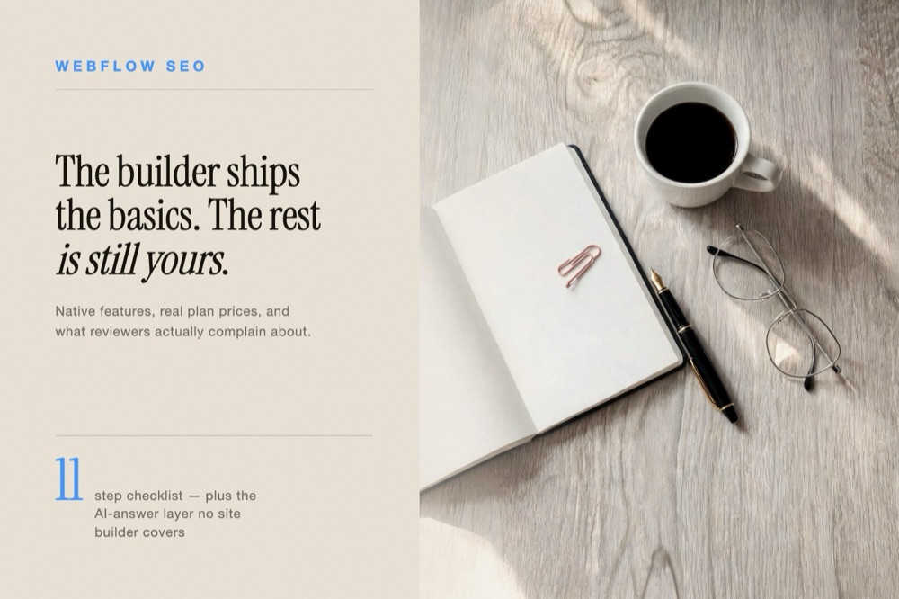 A notebook and coffee on a sunlit desk beside the question of how far Webflow built-in SEO goes