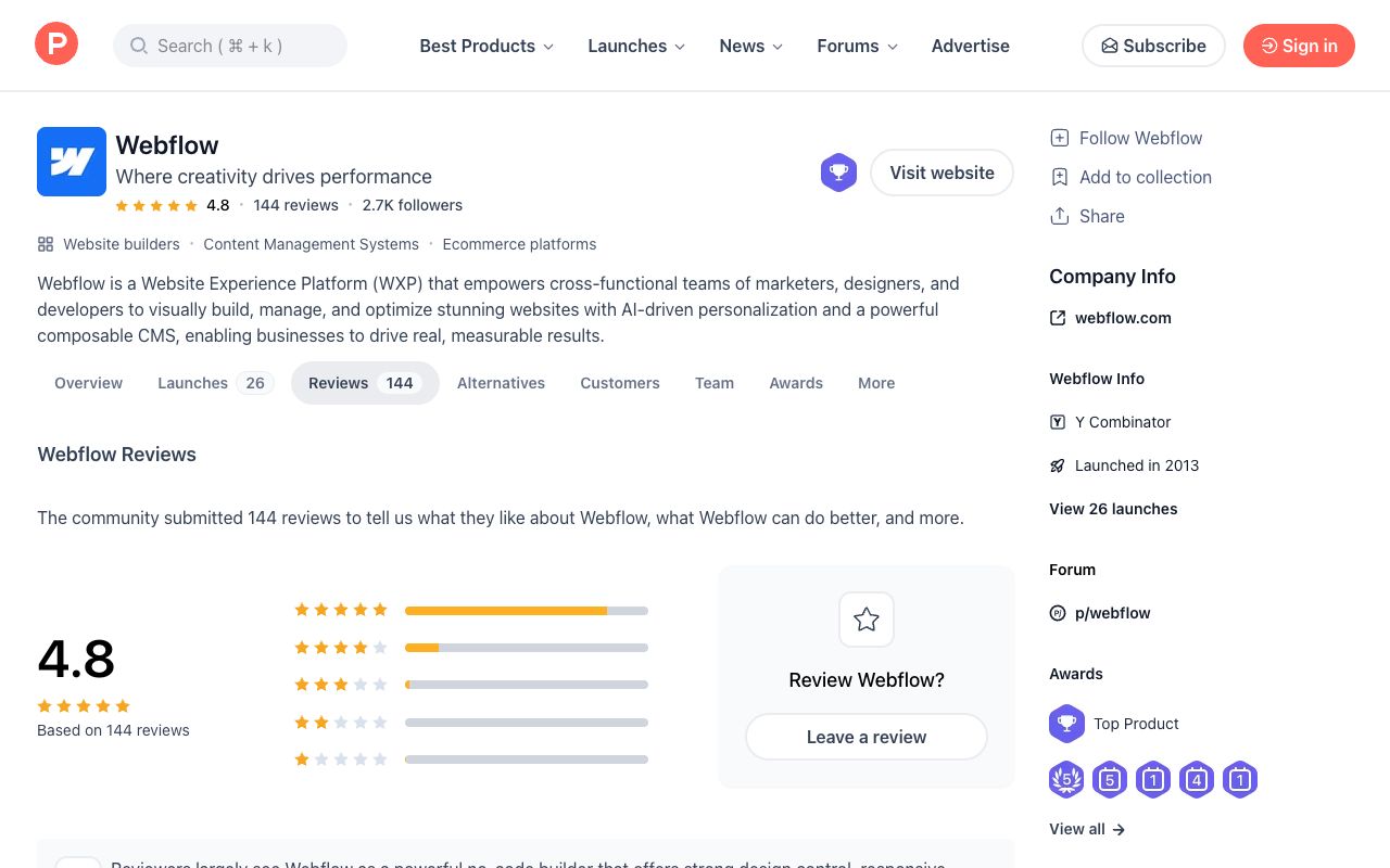 Product Hunt reviews for Webflow — 4.8 out of 5 across 144 reviews