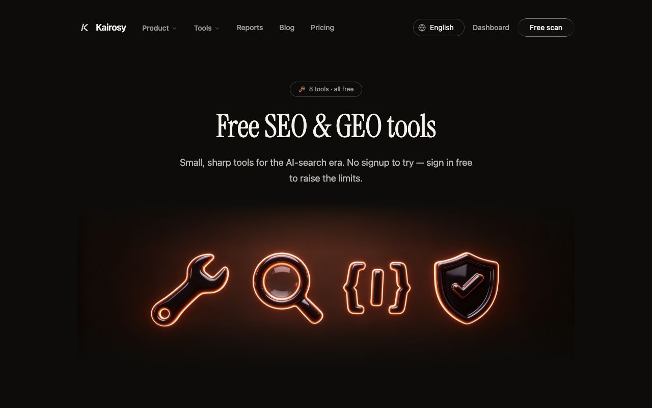 Kairosy free tools hub with the schema markup checker, llms.txt generator and AI crawl checker